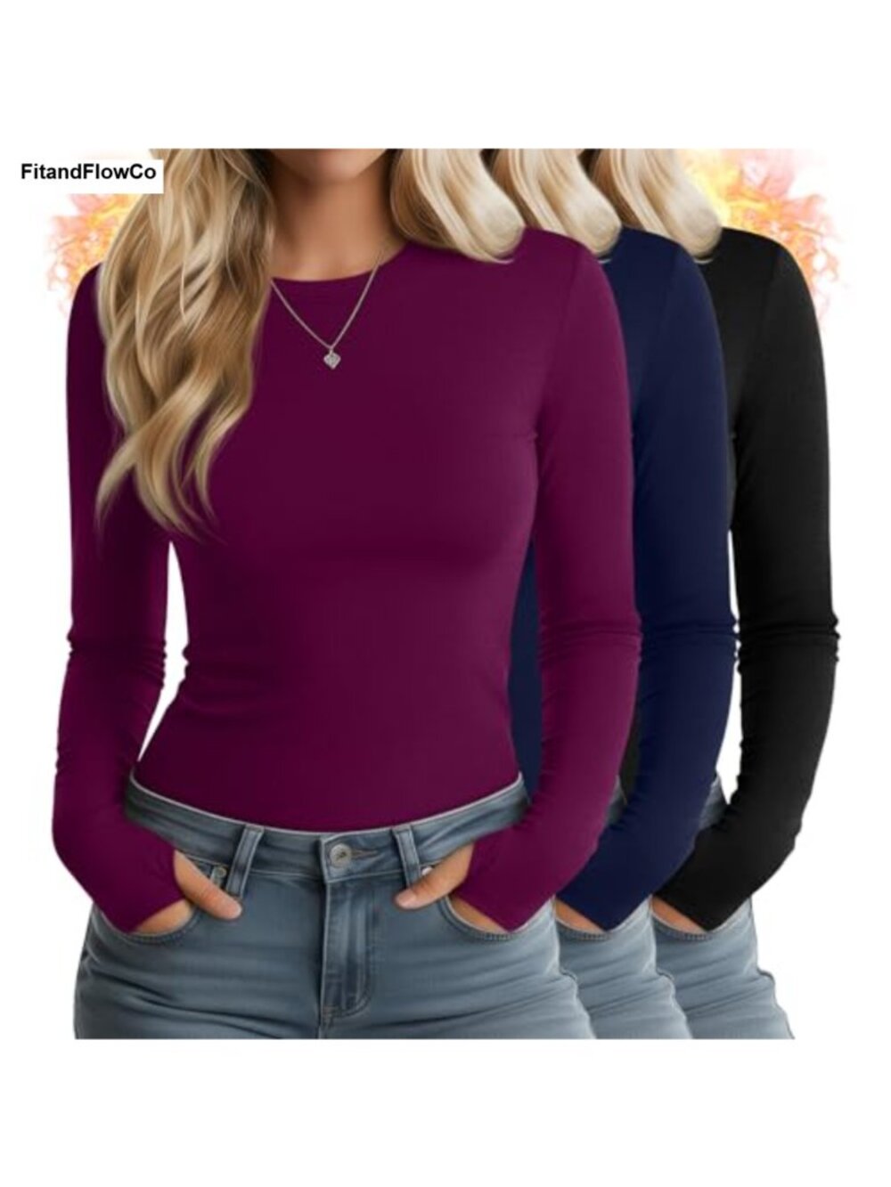 Women's Long Sleeve Thermal Shirts Slim Fit Crew Neck Thumbholes 3 Pack